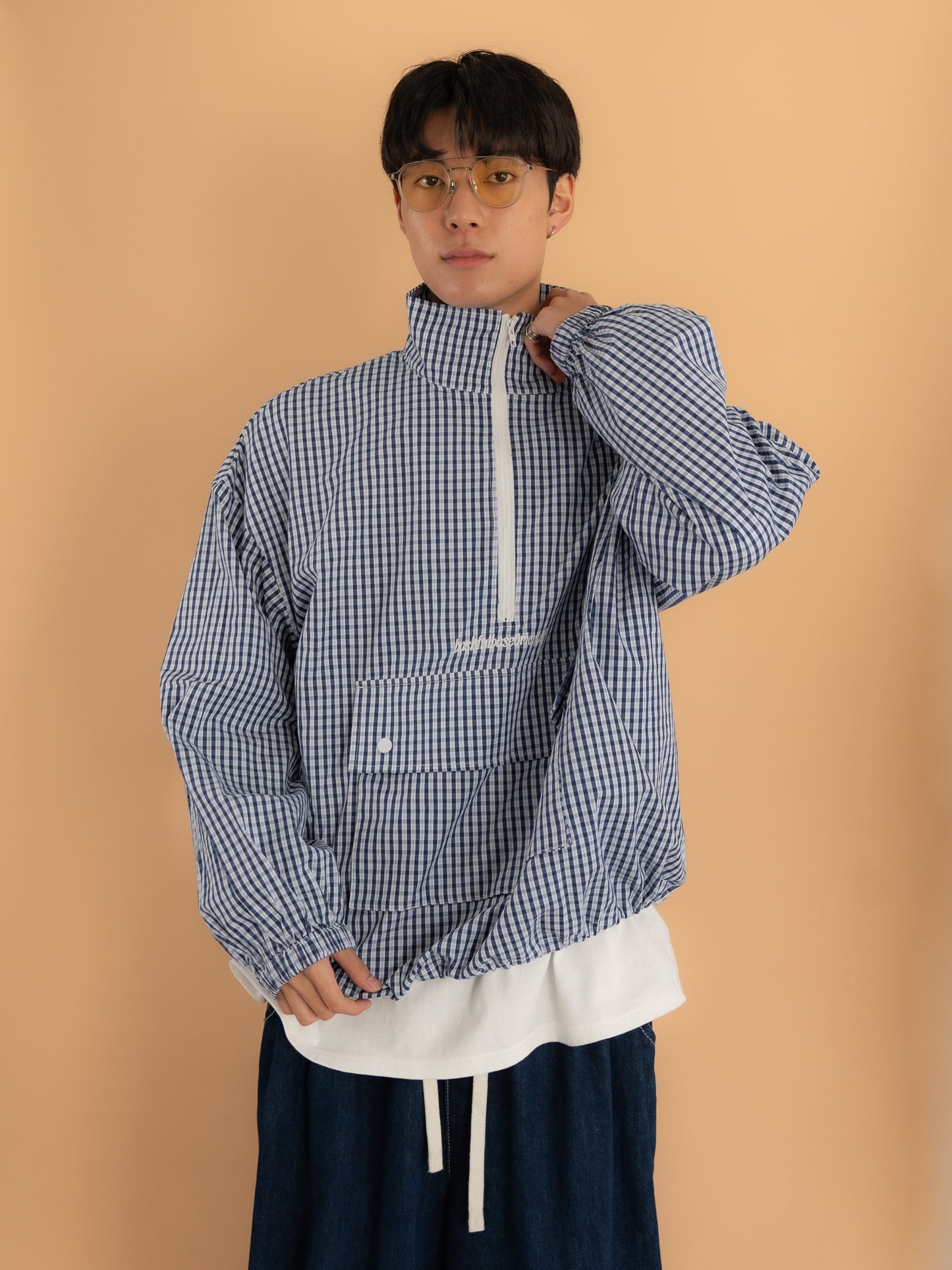 [SET]チェック柄ハーフジップアノラック+イージーコクーンワイドデニムパンツ(2set)