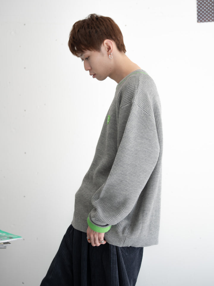【bbO】バイカラーハートワッペンワッフルニットプルオーバー
