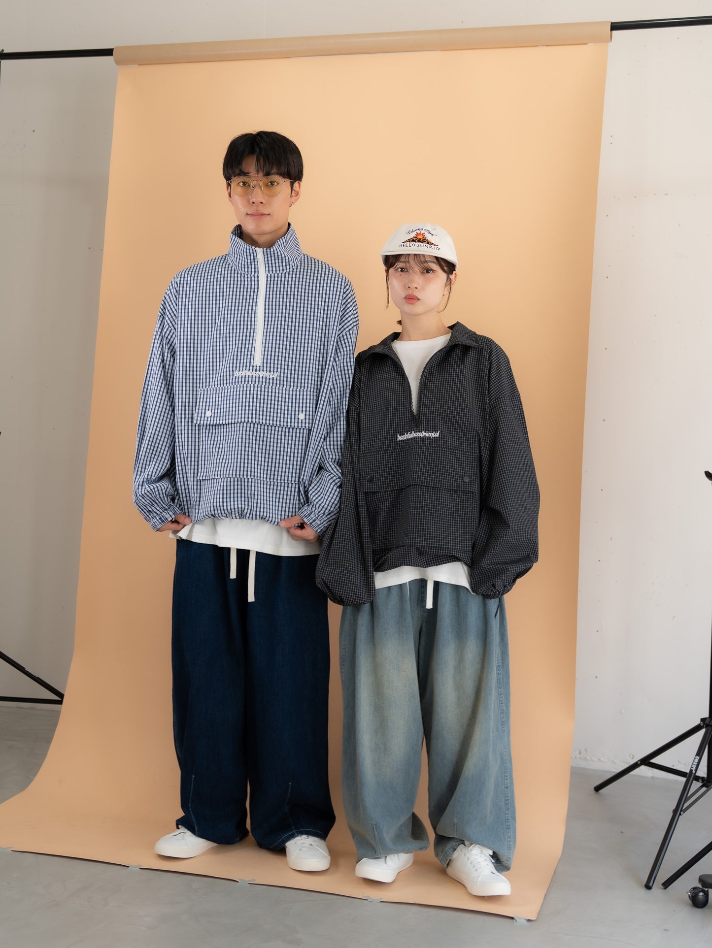 [SET]チェック柄ハーフジップアノラック+イージーコクーンワイドデニムパンツ(2set)