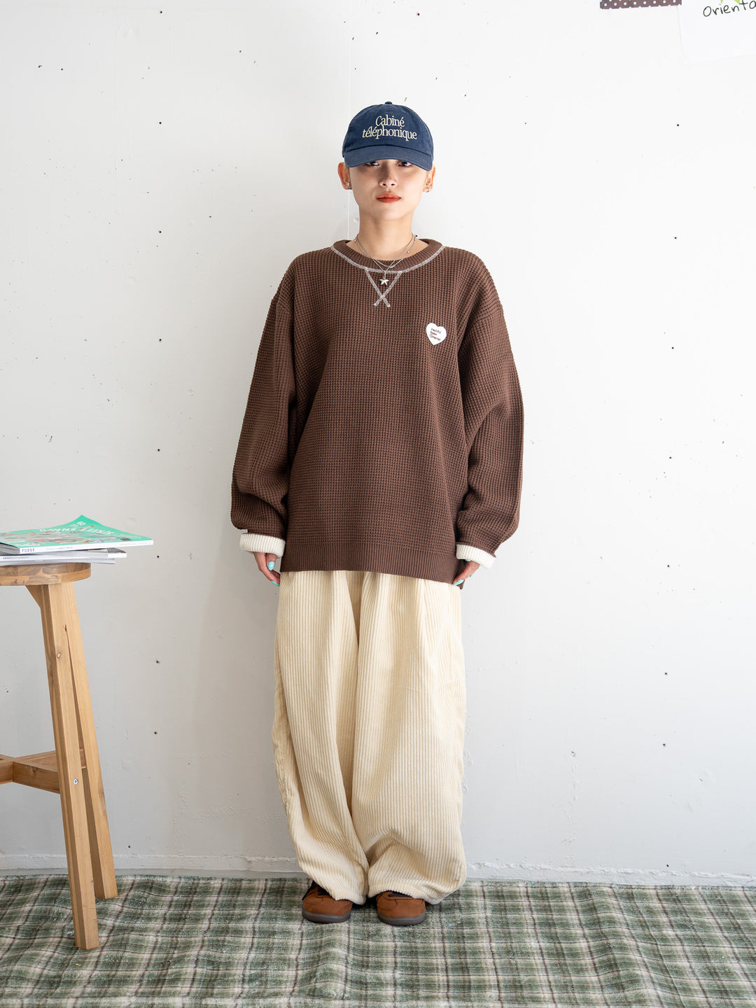 【bbO】バイカラーハートワッペンワッフルニットプルオーバー