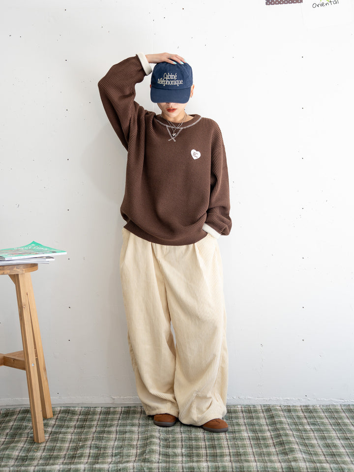 【bbO】バイカラーハートワッペンワッフルニットプルオーバー