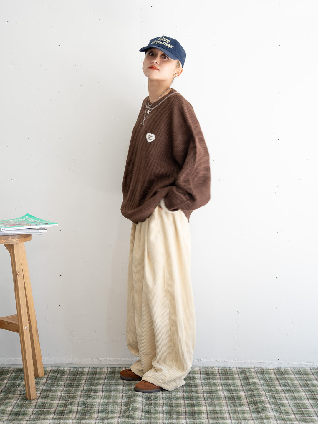 【bbO】バイカラーハートワッペンワッフルニットプルオーバー