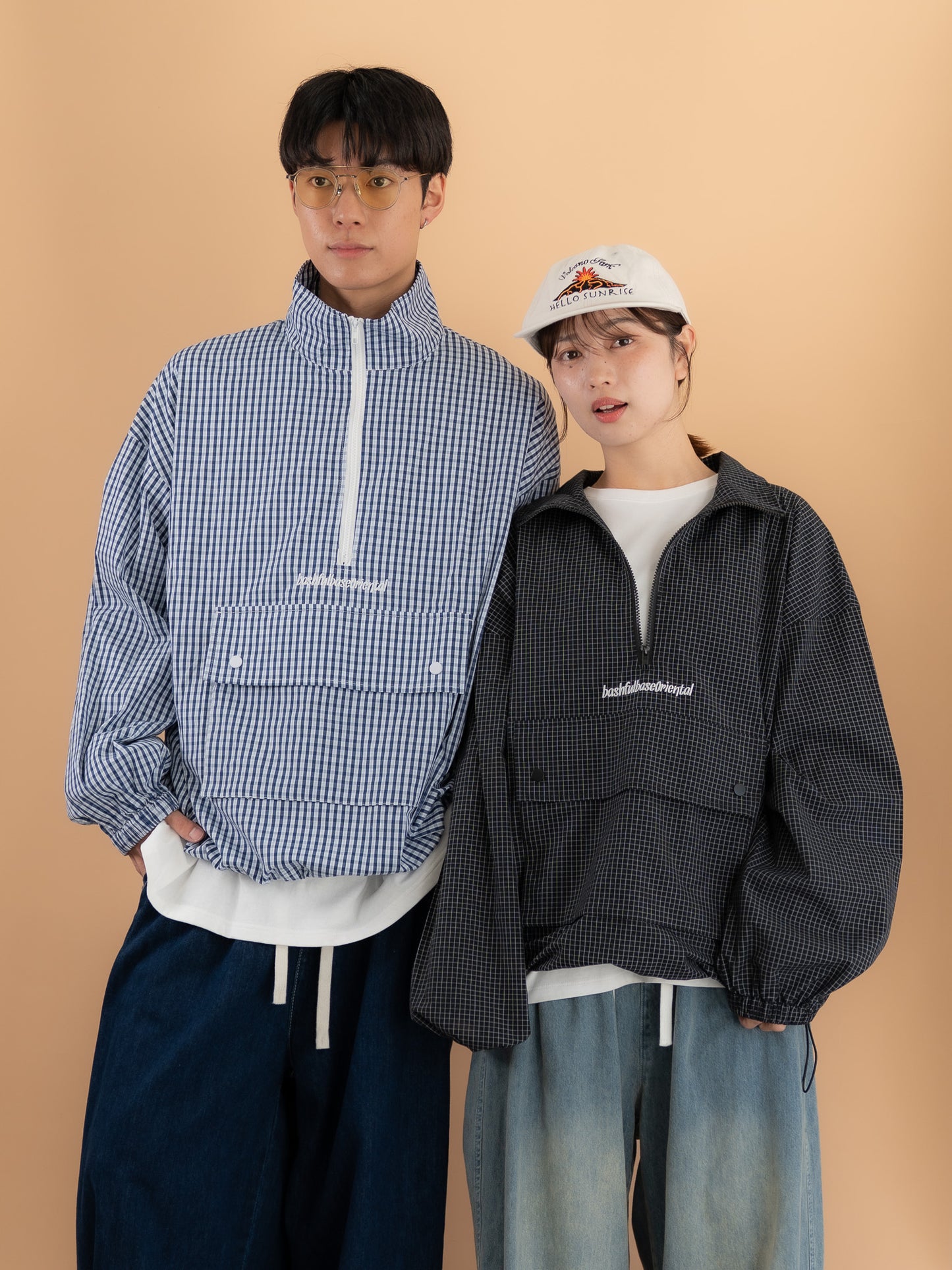 [SET]チェック柄ハーフジップアノラック+イージーコクーンワイドデニムパンツ(2set)