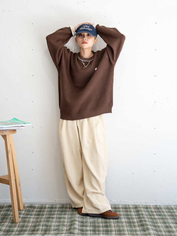 【bbO】バイカラーハートワッペンワッフルニットプルオーバー