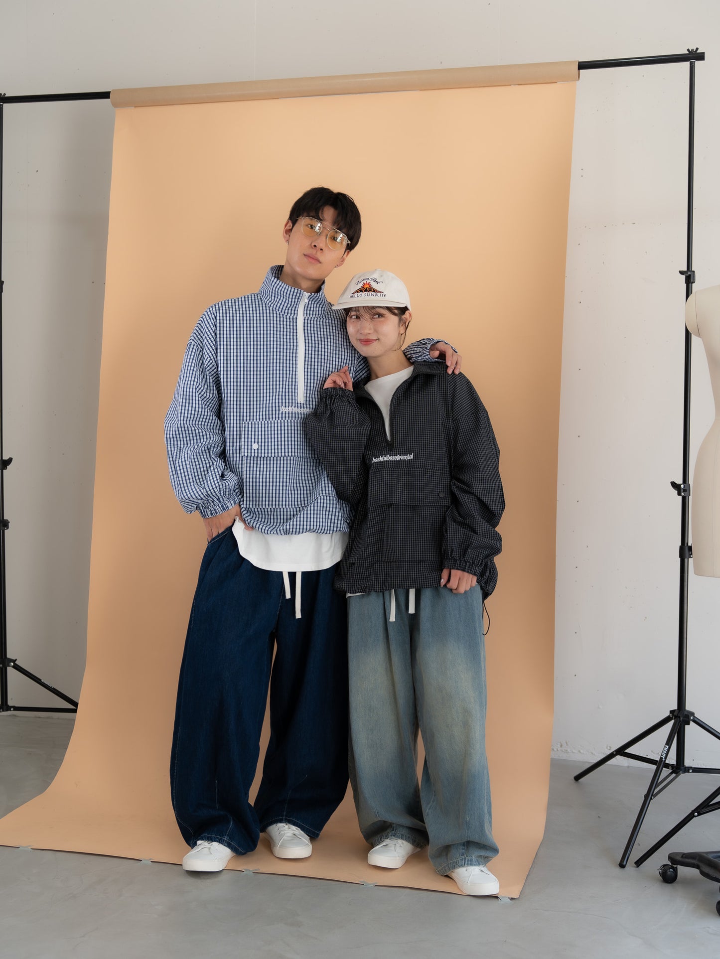 [SET]チェック柄ハーフジップアノラック+イージーコクーンワイドデニムパンツ(2set)