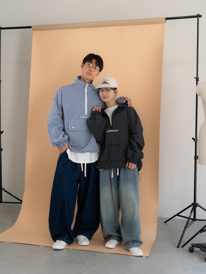 [SET]チェック柄ハーフジップアノラック+イージーコクーンワイドデニムパンツ(2set)