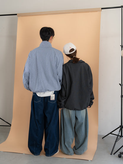 [SET]チェック柄ハーフジップアノラック+イージーコクーンワイドデニムパンツ(2set)
