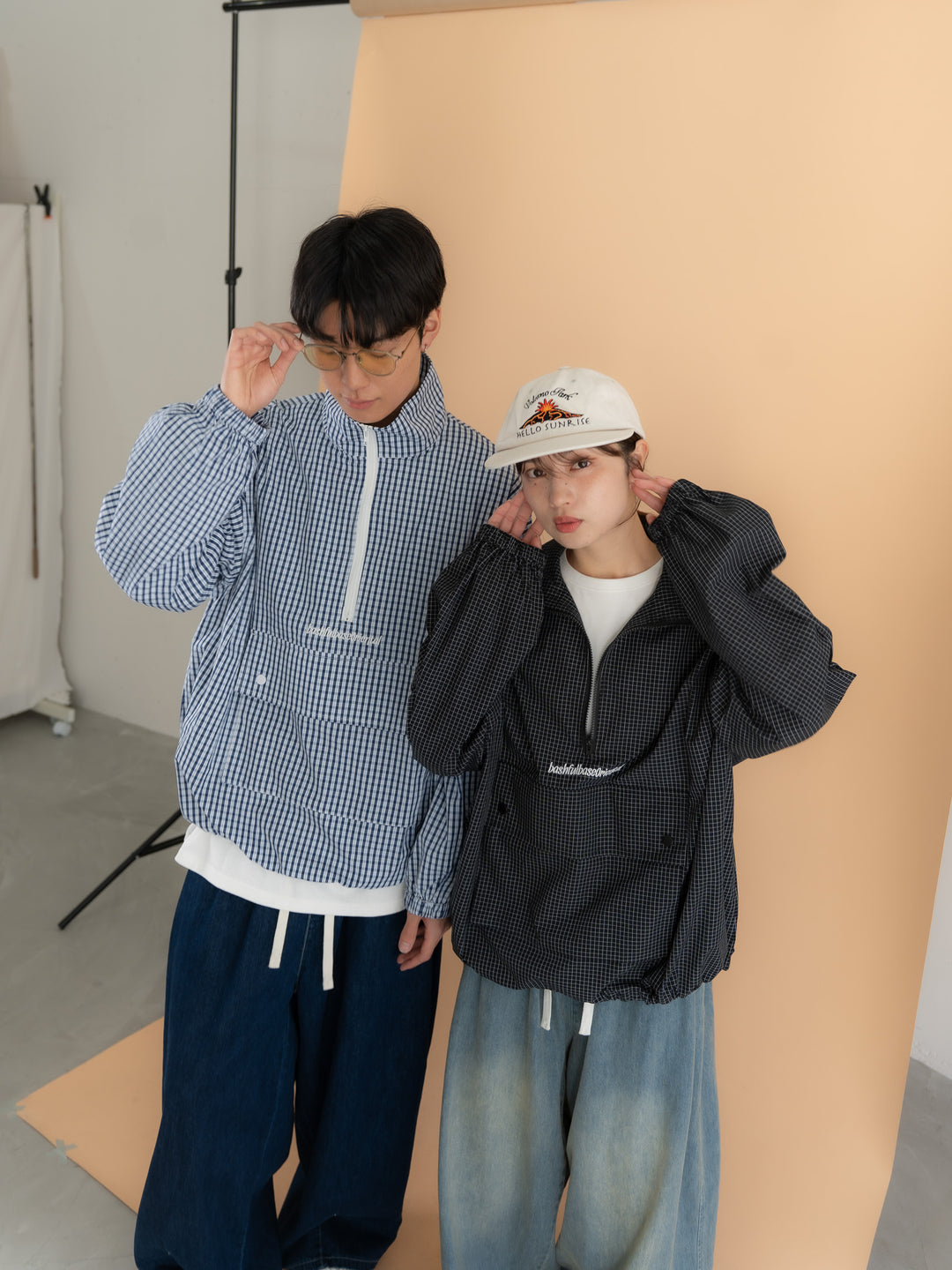 [SET]チェック柄ハーフジップアノラック+イージーコクーンワイドデニムパンツ(2set)