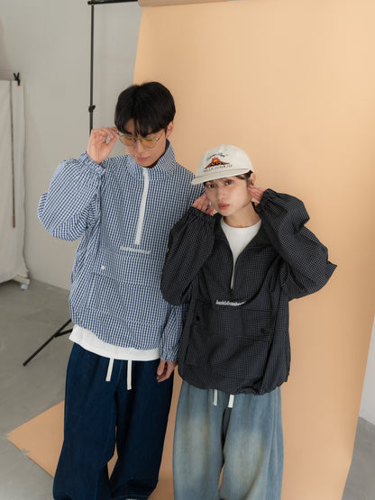 [SET]チェック柄ハーフジップアノラック+イージーコクーンワイドデニムパンツ(2set)