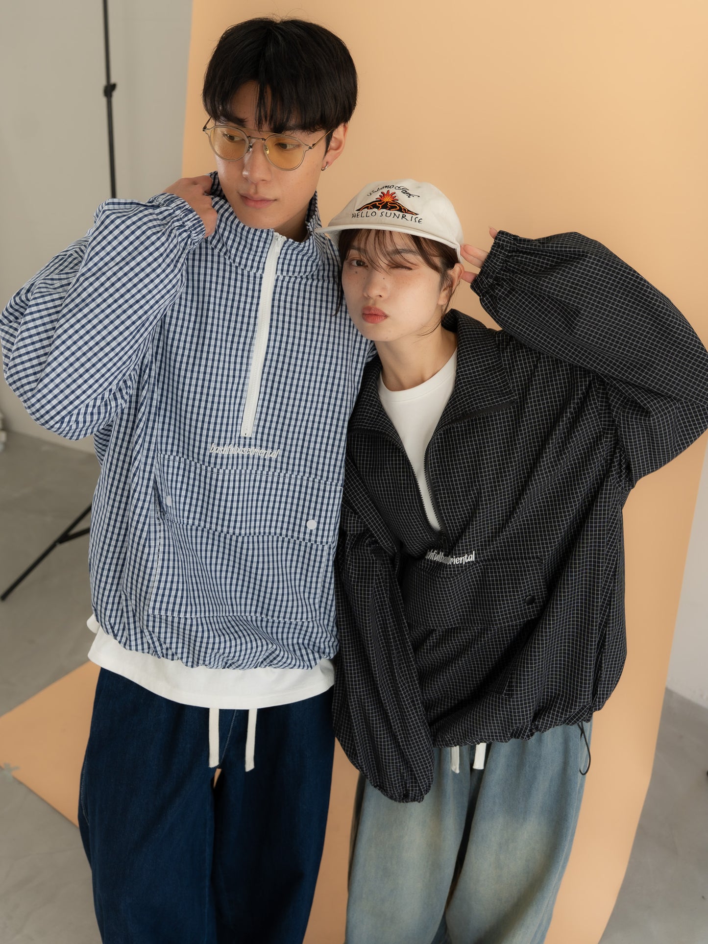 [SET]チェック柄ハーフジップアノラック+イージーコクーンワイドデニムパンツ(2set)