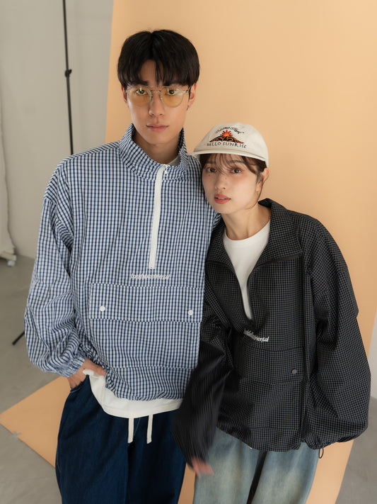[SET]チェック柄ハーフジップアノラック+イージーコクーンワイドデニムパンツ(2set)