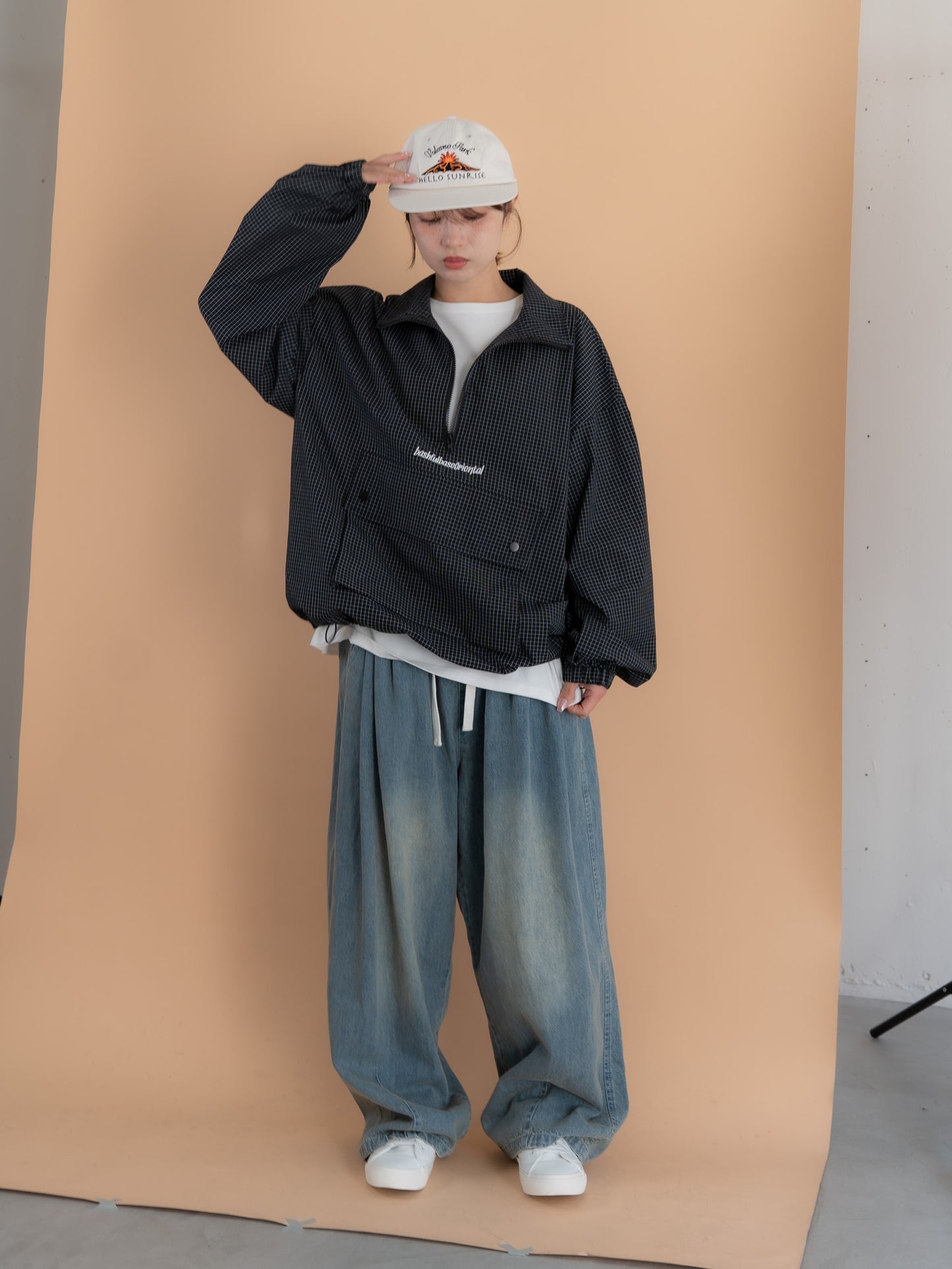 [SET]チェック柄ハーフジップアノラック+イージーコクーンワイドデニムパンツ(2set)