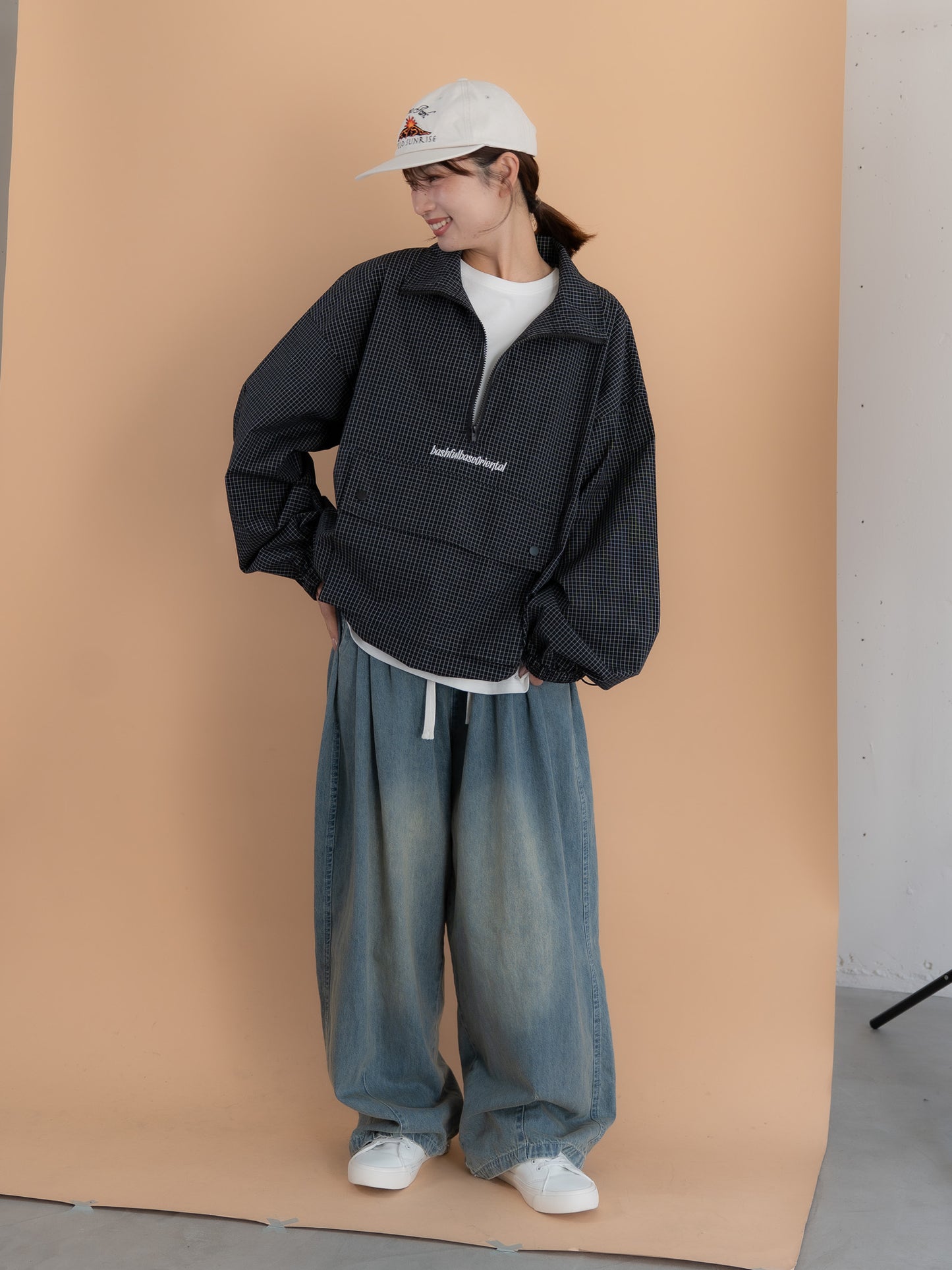 [SET]チェック柄ハーフジップアノラック+イージーコクーンワイドデニムパンツ(2set)