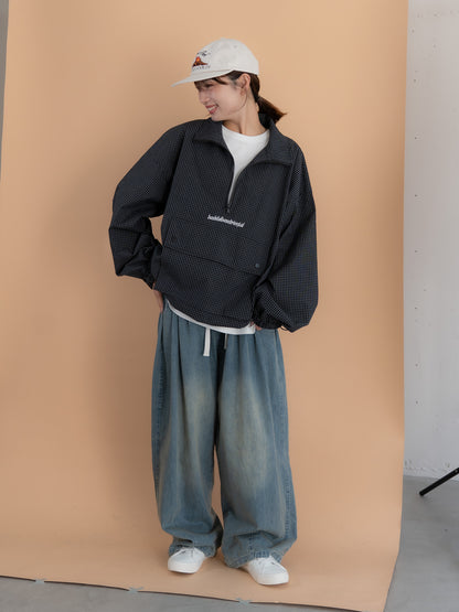 [SET]チェック柄ハーフジップアノラック+イージーコクーンワイドデニムパンツ(2set)