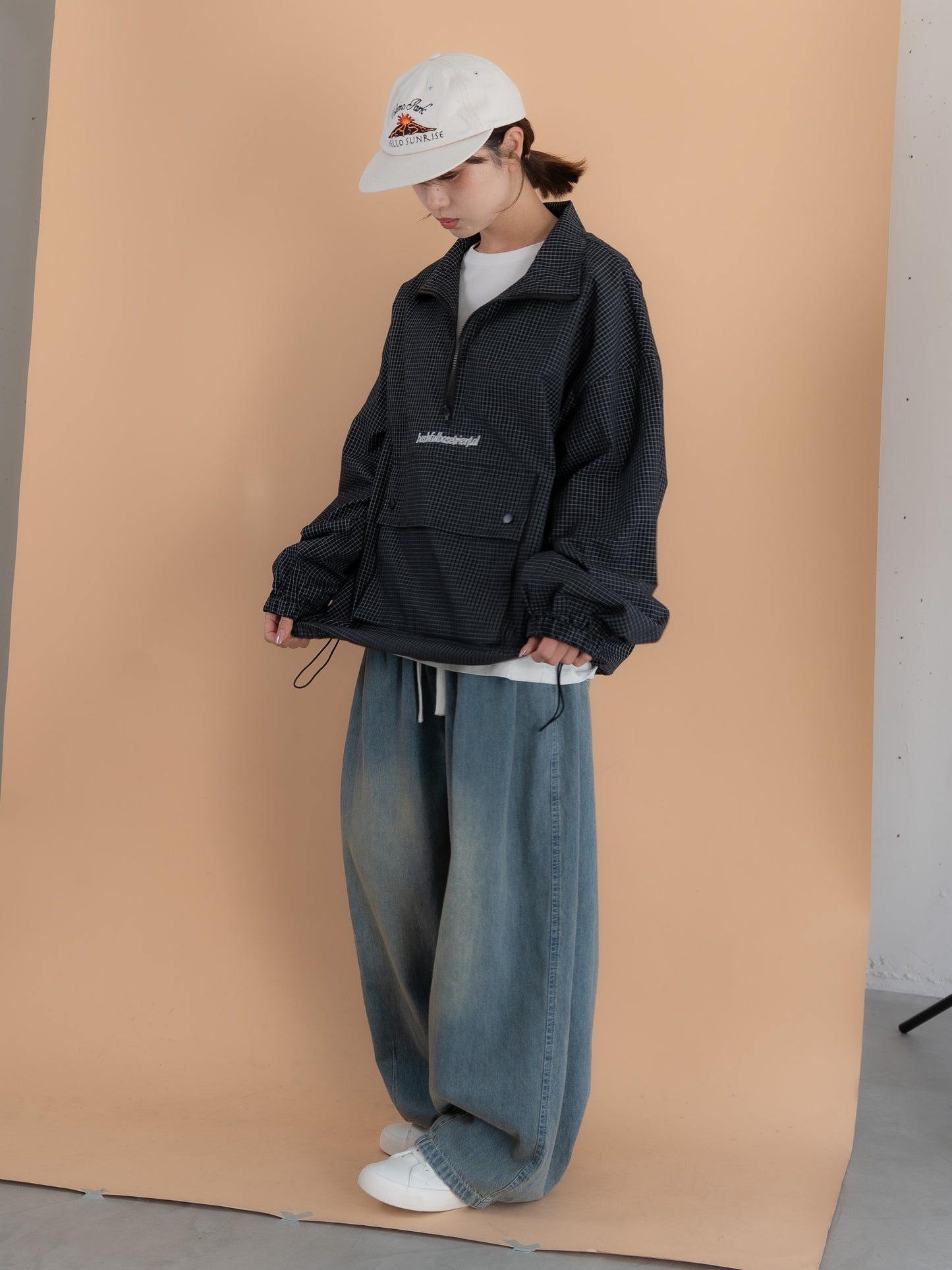 [SET]チェック柄ハーフジップアノラック+イージーコクーンワイドデニムパンツ(2set)