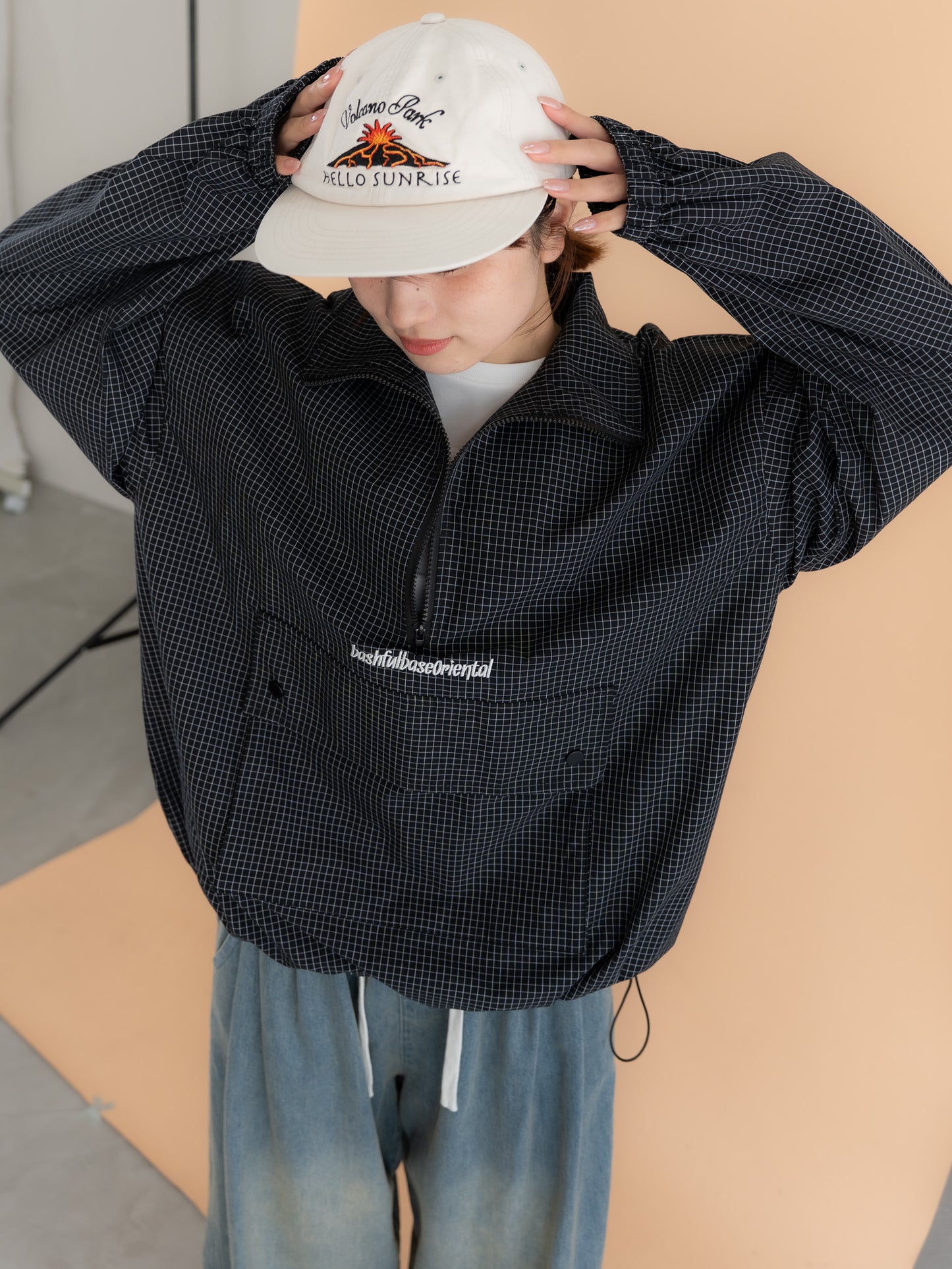 [SET]チェック柄ハーフジップアノラック+イージーコクーンワイドデニムパンツ(2set)