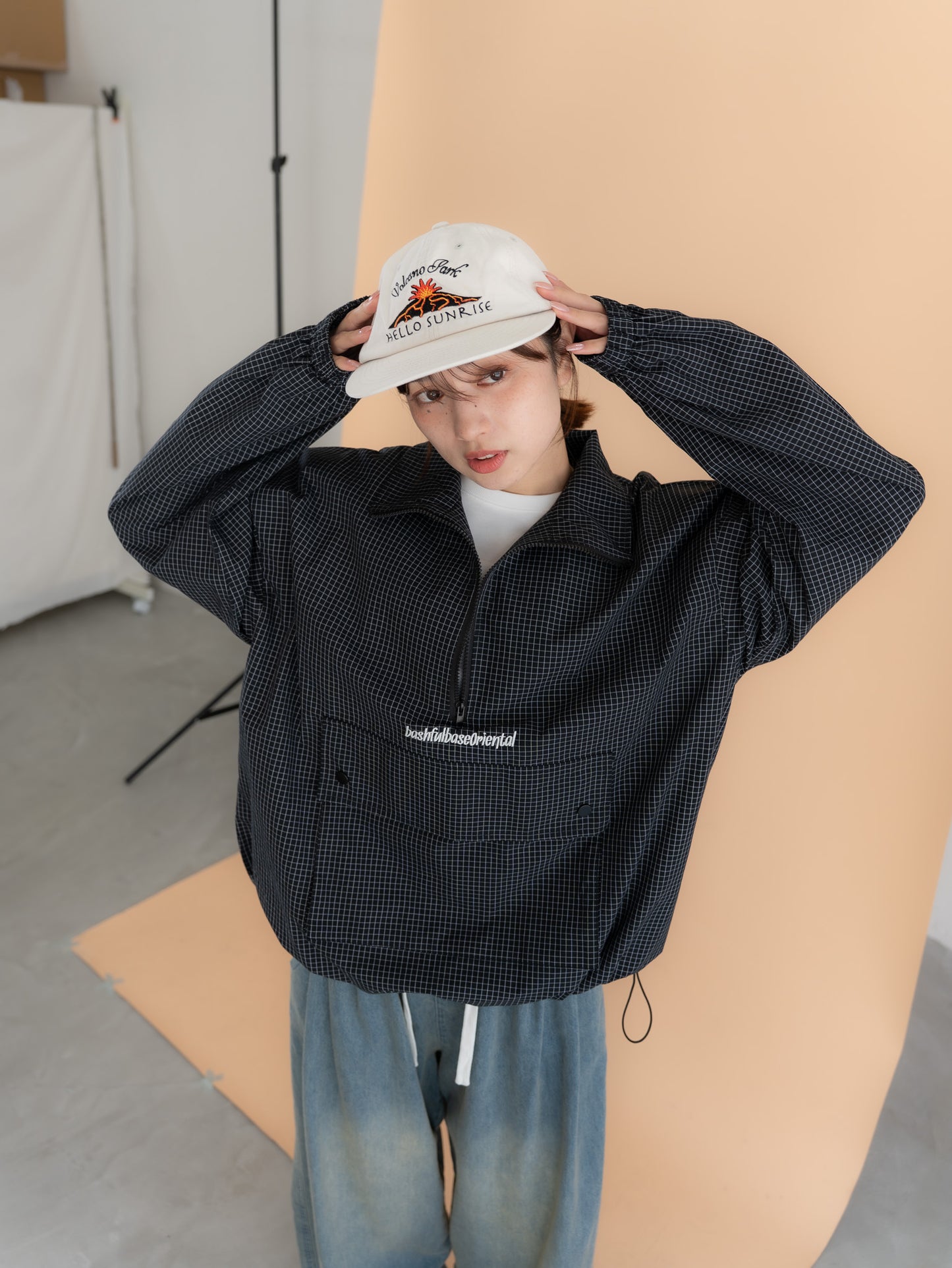 [SET]チェック柄ハーフジップアノラック+イージーコクーンワイドデニムパンツ(2set)