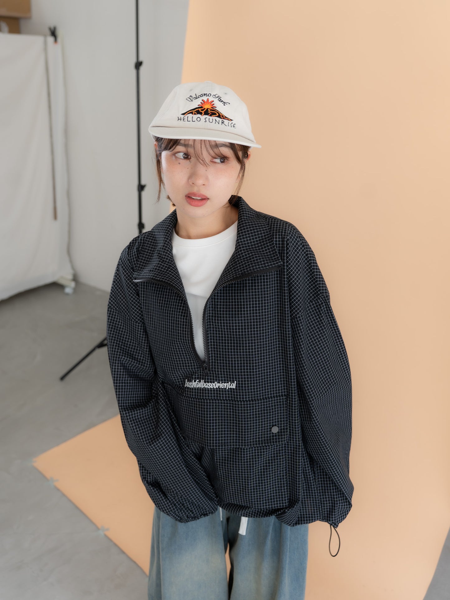 [SET]チェック柄ハーフジップアノラック+イージーコクーンワイドデニムパンツ(2set)