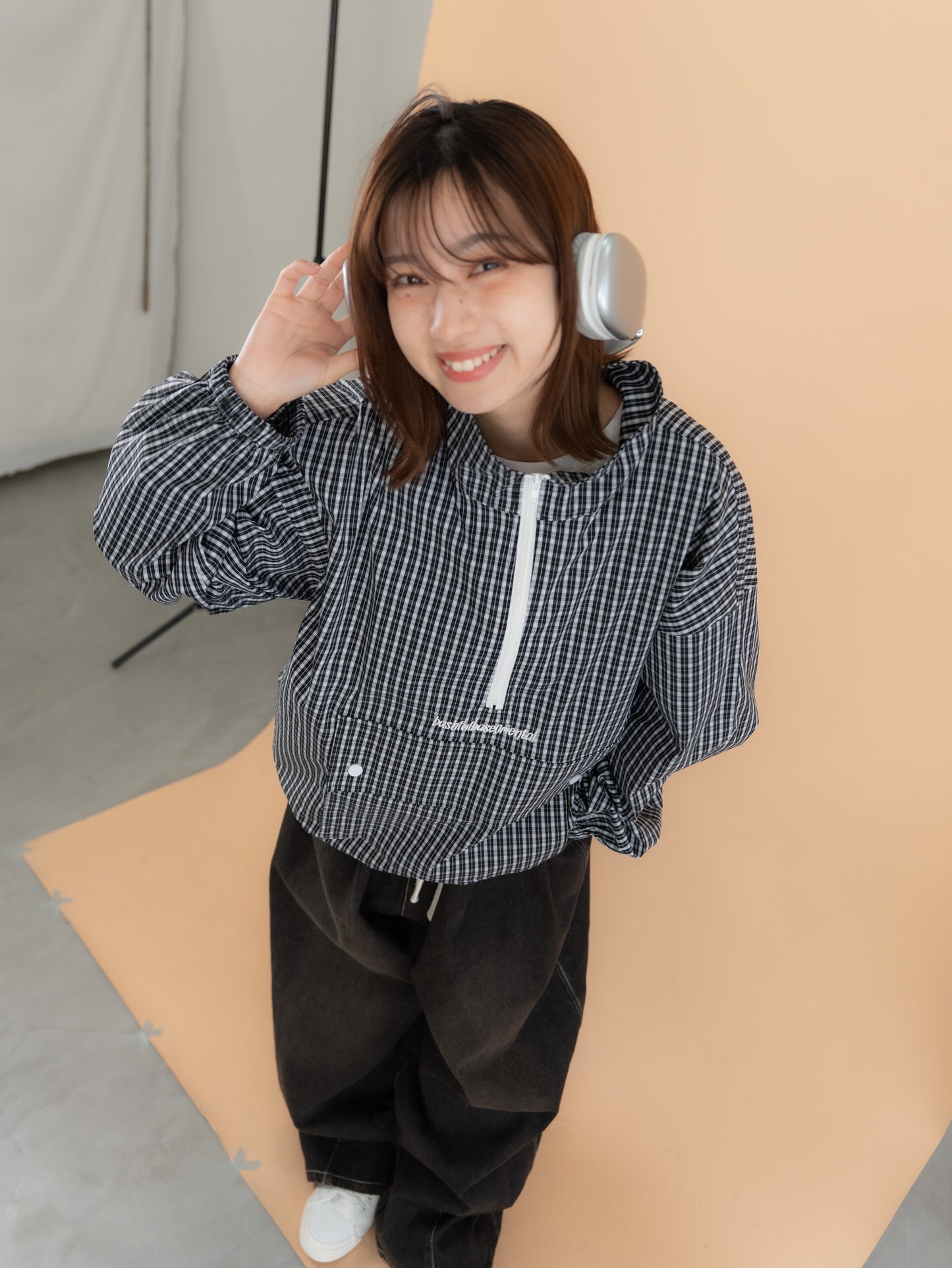 [SET]チェック柄ハーフジップアノラック+イージーコクーンワイドデニムパンツ(2set)