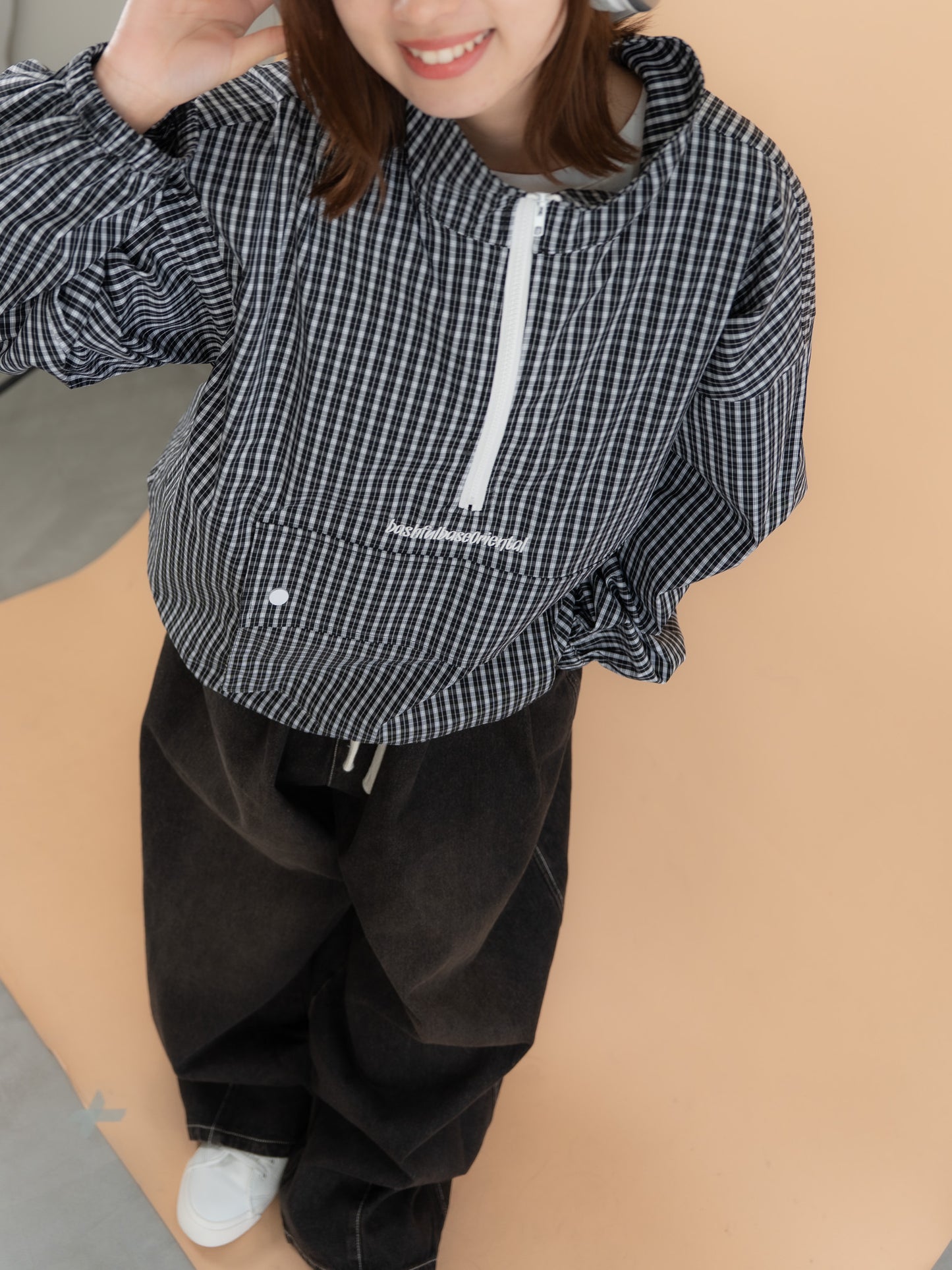 [SET]チェック柄ハーフジップアノラック+イージーコクーンワイドデニムパンツ(2set)