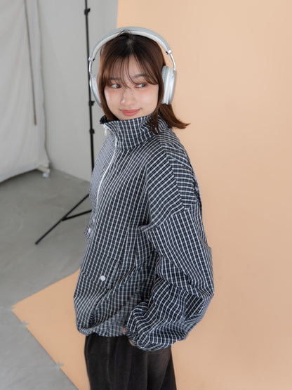 [SET]チェック柄ハーフジップアノラック+イージーコクーンワイドデニムパンツ(2set)