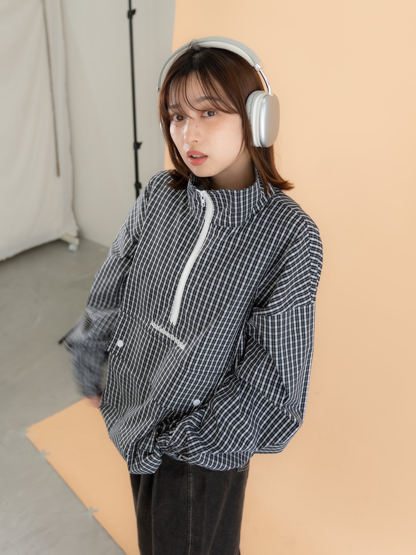 [SET]チェック柄ハーフジップアノラック+イージーコクーンワイドデニムパンツ(2set)