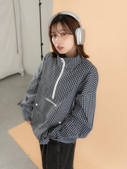 [SET]チェック柄ハーフジップアノラック+イージーコクーンワイドデニムパンツ(2set)