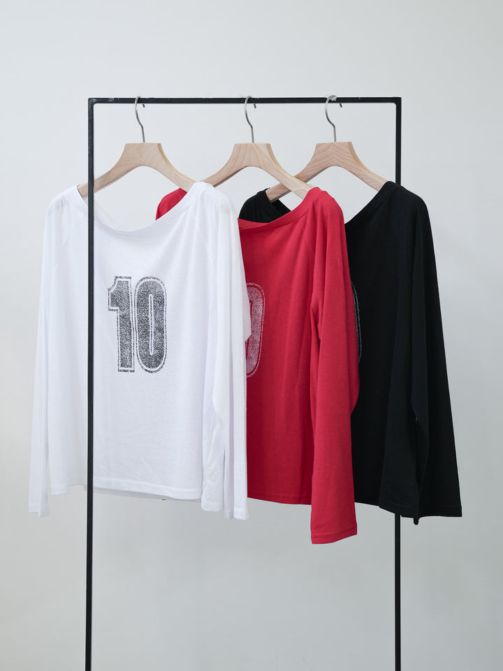 【bbO】ルーズネックナンバリングクロップドロンT