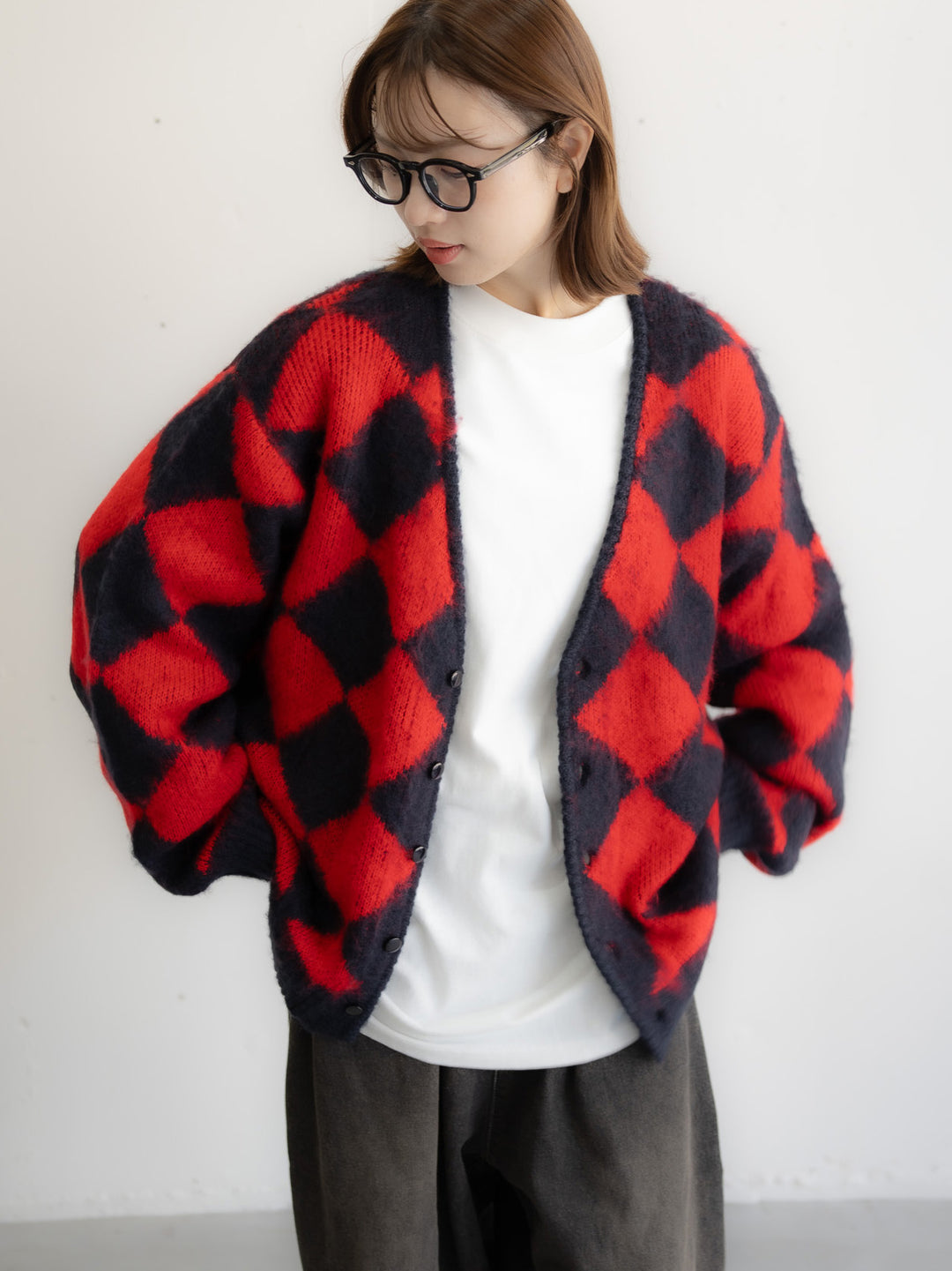 【bbO】シャギーモヘアタッチダイヤニットカーディガン