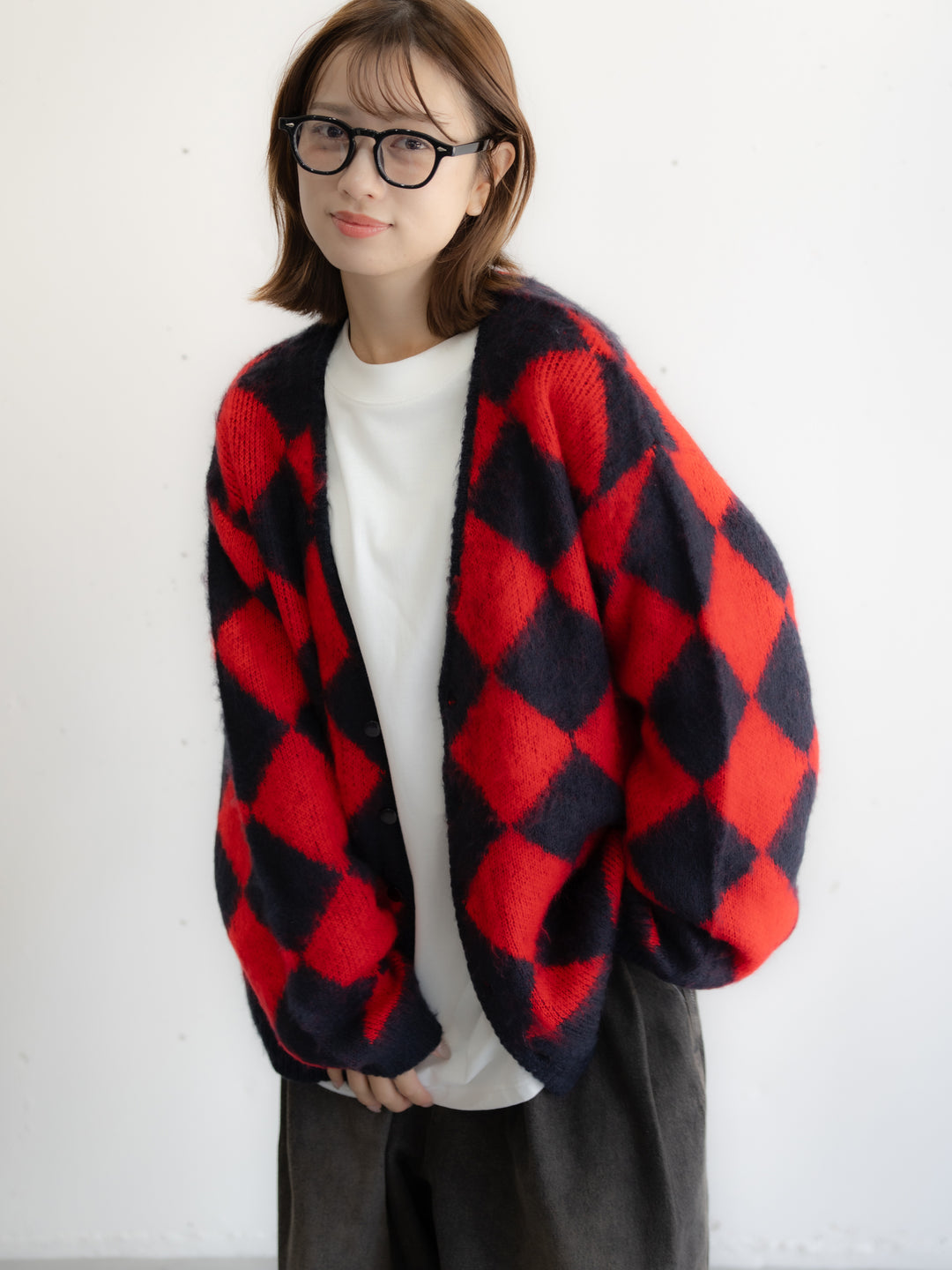 【bbO】シャギーモヘアタッチダイヤニットカーディガン