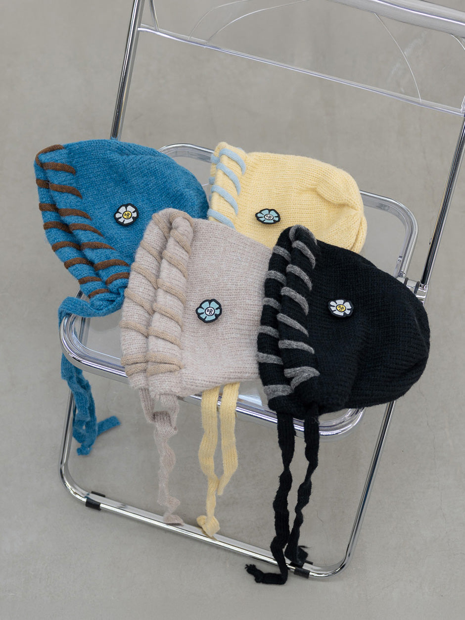 【bbO】ハンドステッチフラワーワッペンニットキャップ