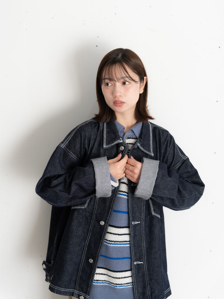 【bbO】ステッチデザインショートデニムジャケット