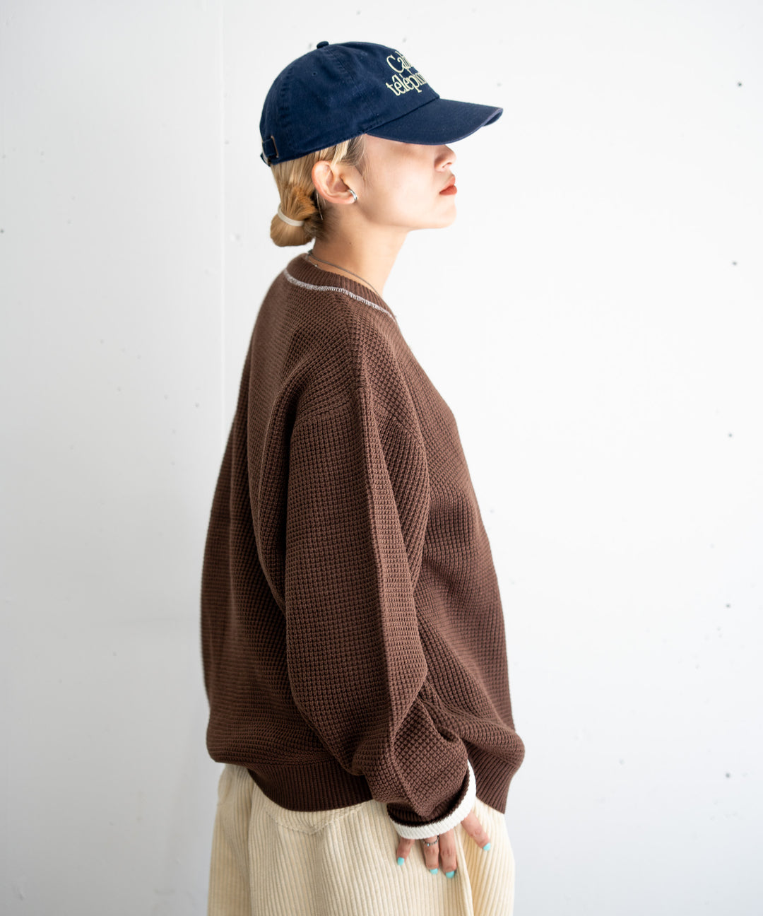 【bbO】バイカラーハートワッペンワッフルニットプルオーバー