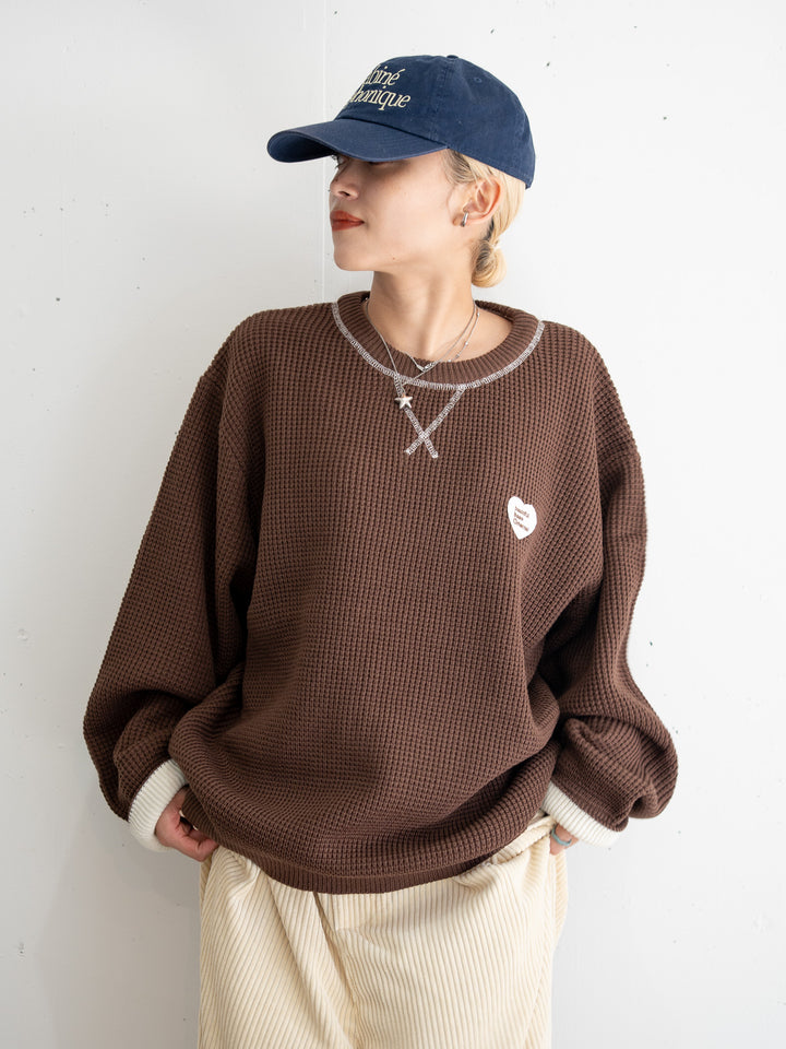 【bbO】バイカラーハートワッペンワッフルニットプルオーバー