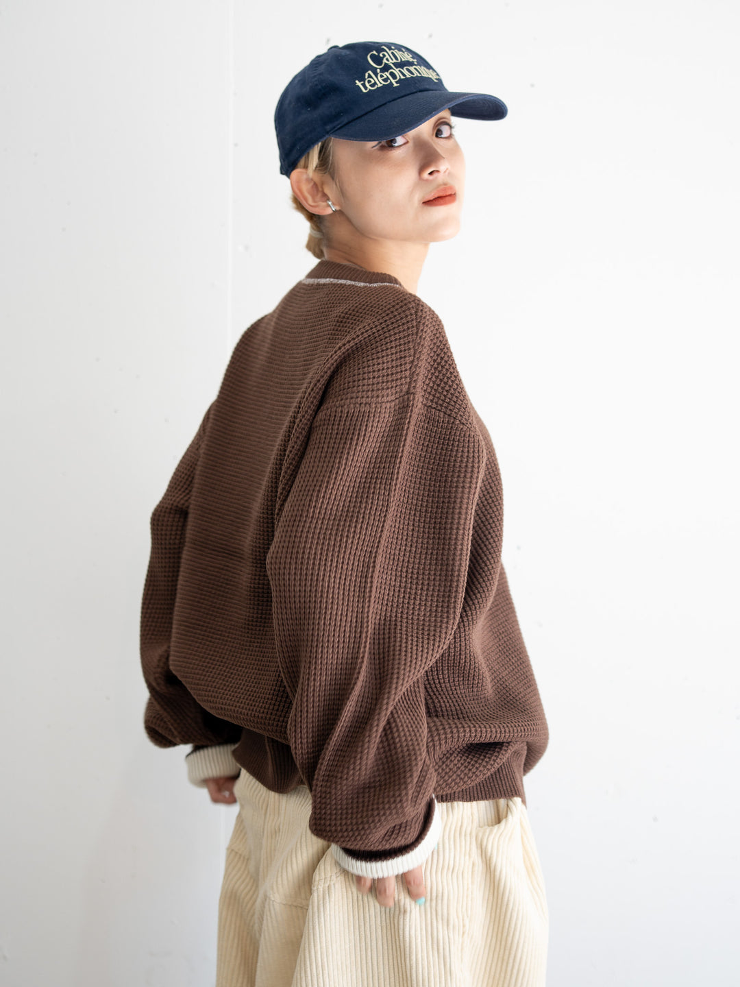【bbO】バイカラーハートワッペンワッフルニットプルオーバー