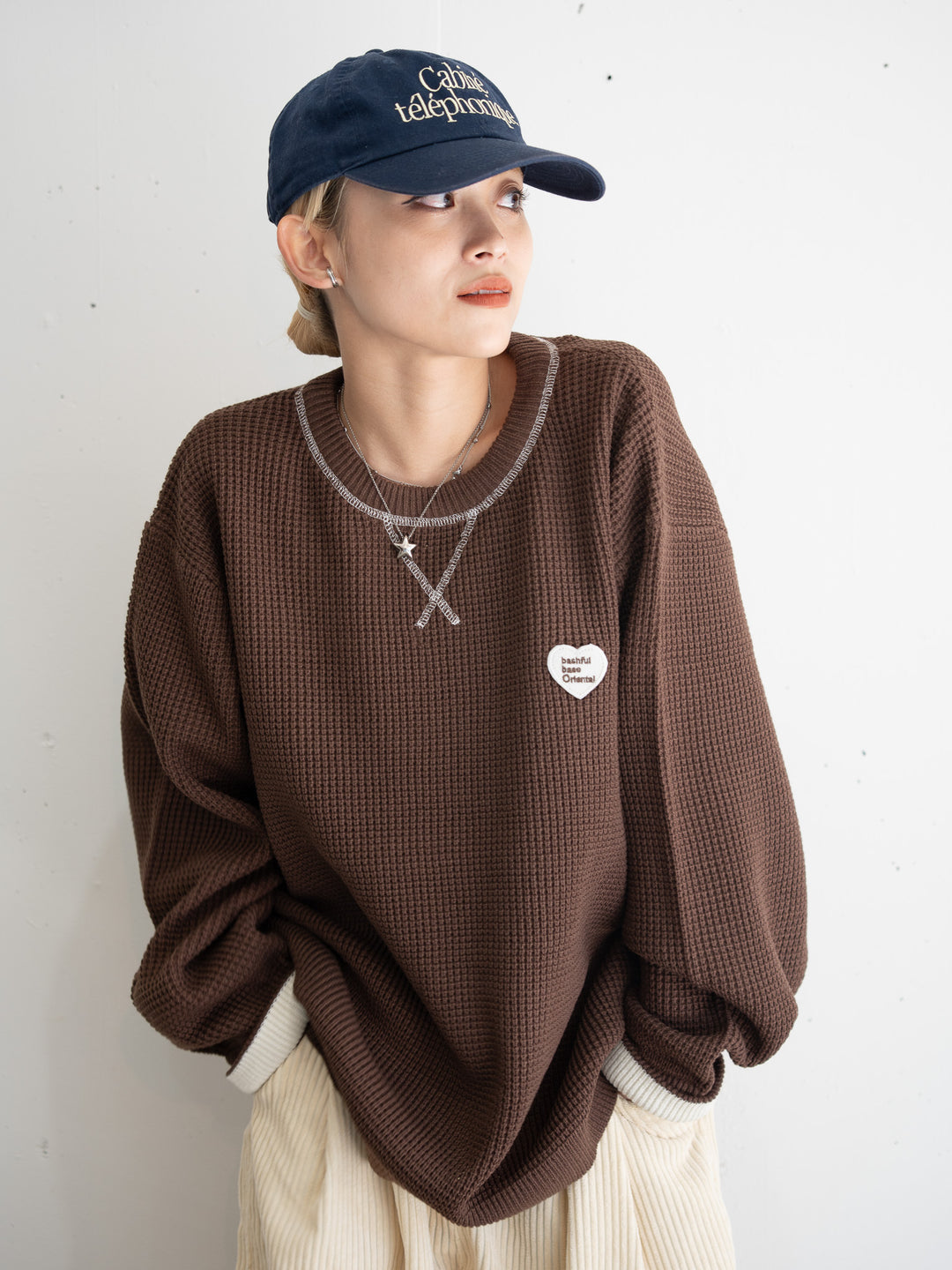 【bbO】バイカラーハートワッペンワッフルニットプルオーバー