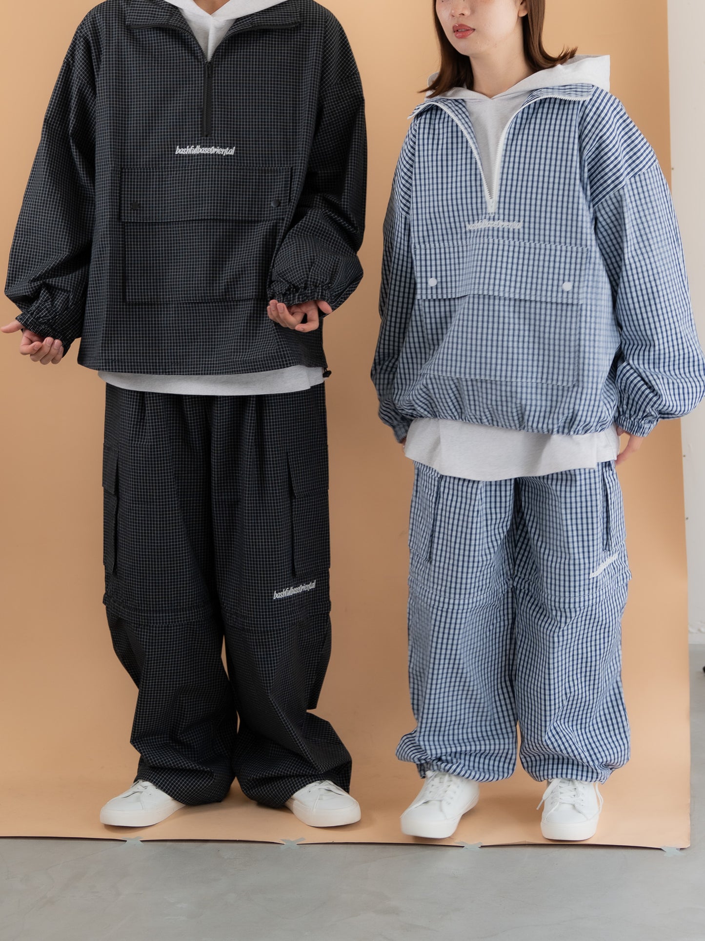 [SET]チェック柄ハーフジップアノラック+チェック柄2WAYカーゴポケットパンツ(2set)
