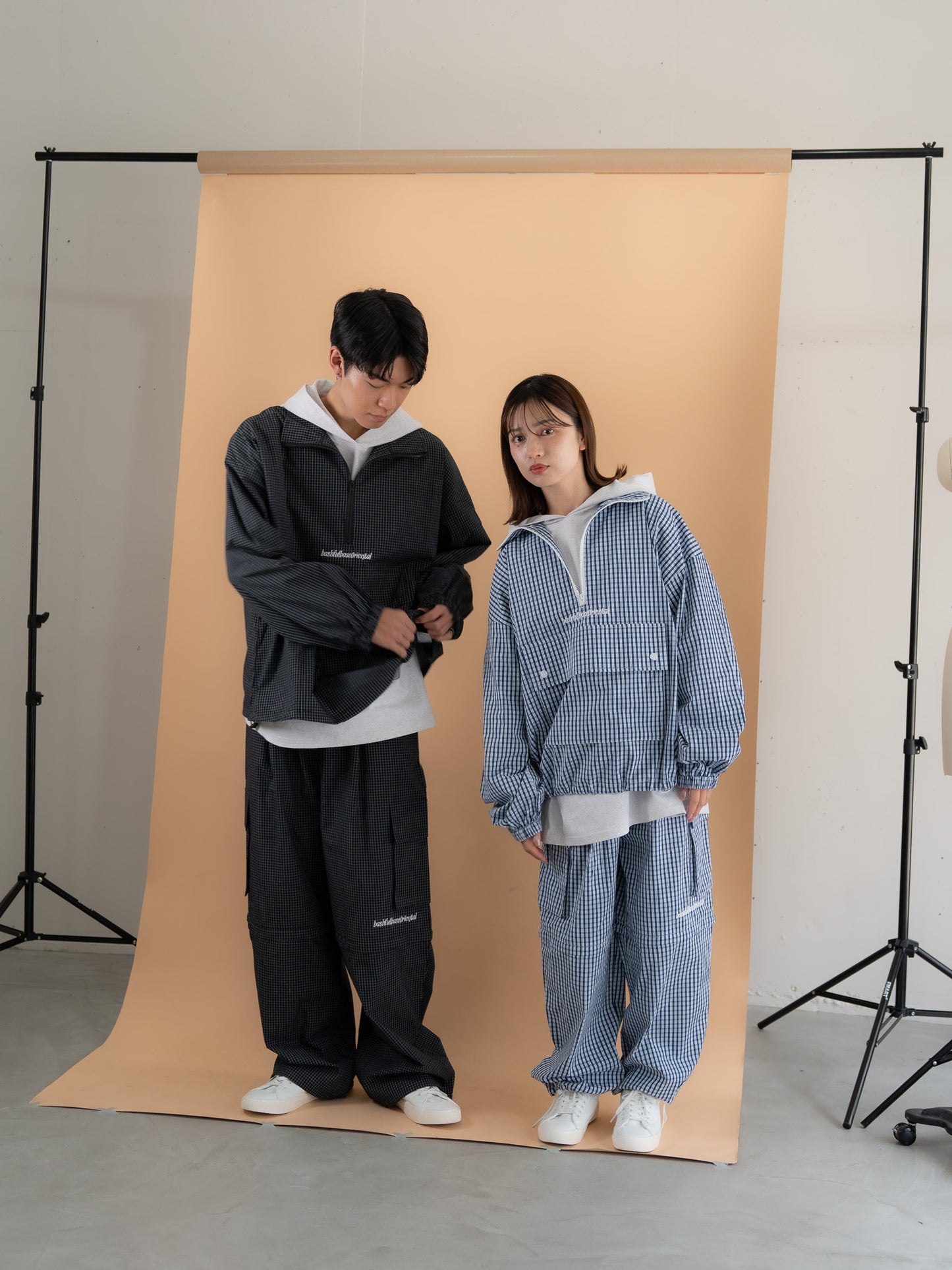 [SET]チェック柄ハーフジップアノラック+チェック柄2WAYカーゴポケットパンツ(2set)