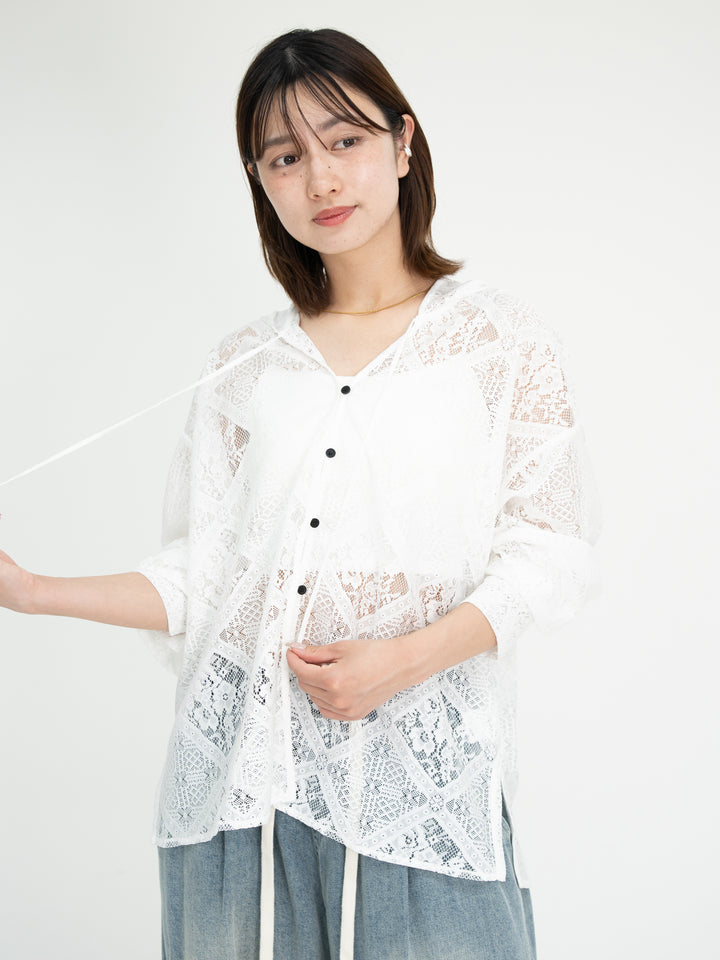 [SET]【bbO】ブロックレースフーデッドシャツブラウス+【bbO】イージーコクーンワイドデニムパンツ(2set)