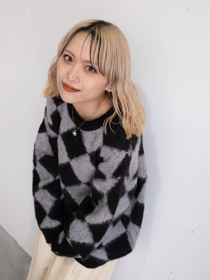 【bbO】シャギーモヘアタッチダイヤニットプルオーバー