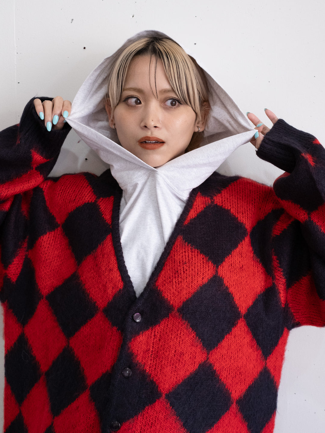 【bbO】シャギーモヘアタッチダイヤニットカーディガン