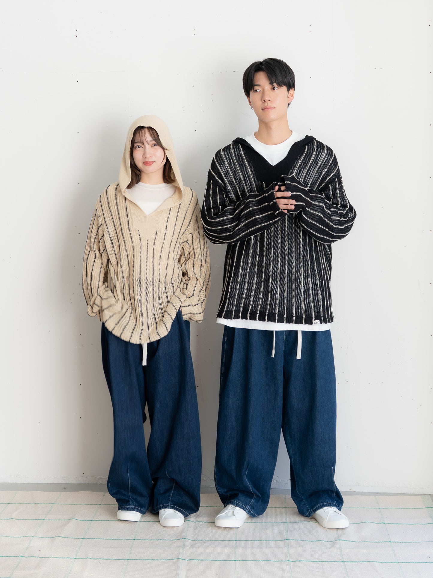 [SET]ストライプニットパーカー・メキシカンパーカー+イージーコクーンワイドデニムパンツ(2set)