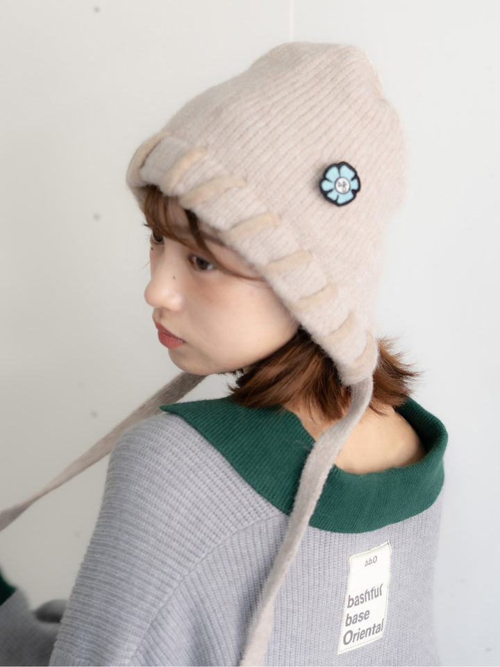 【bbO】ハンドステッチフラワーワッペンニットキャップ