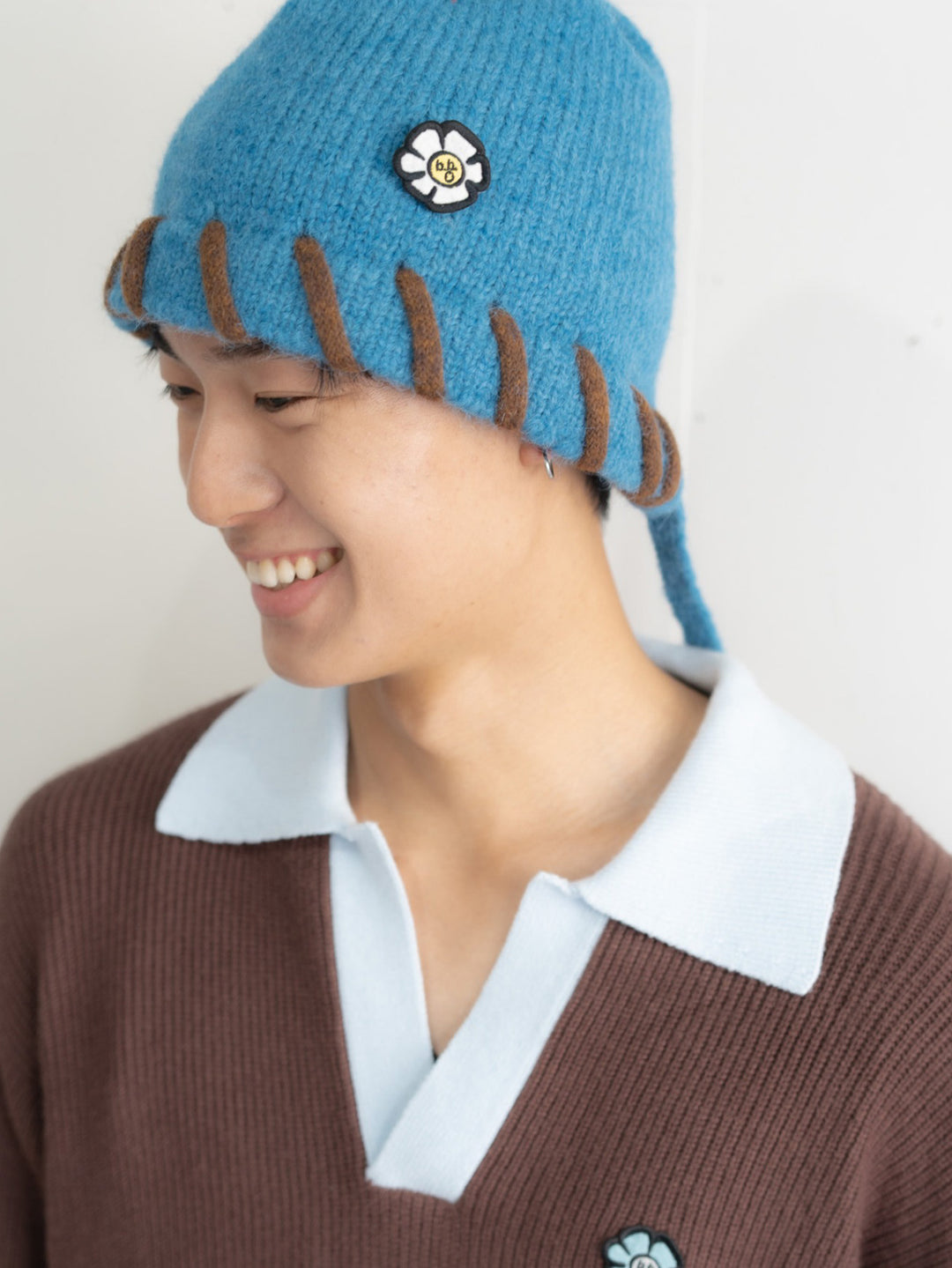 【bbO】ハンドステッチフラワーワッペンニットキャップ