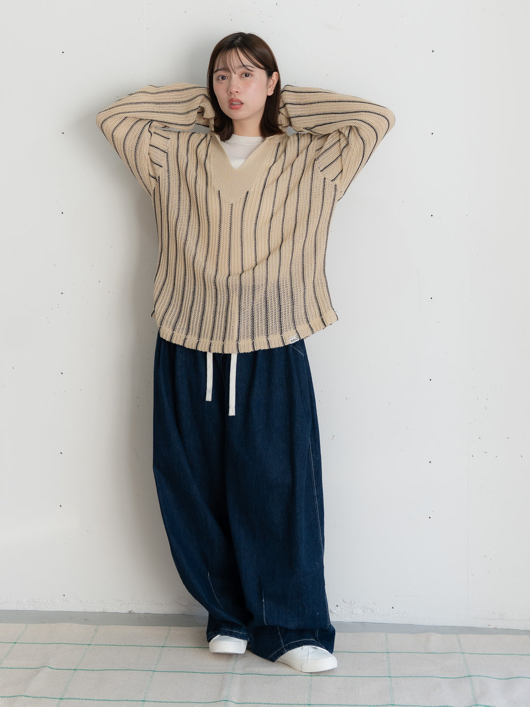 [SET]ストライプニットパーカー・メキシカンパーカー+イージーコクーンワイドデニムパンツ(2set)
