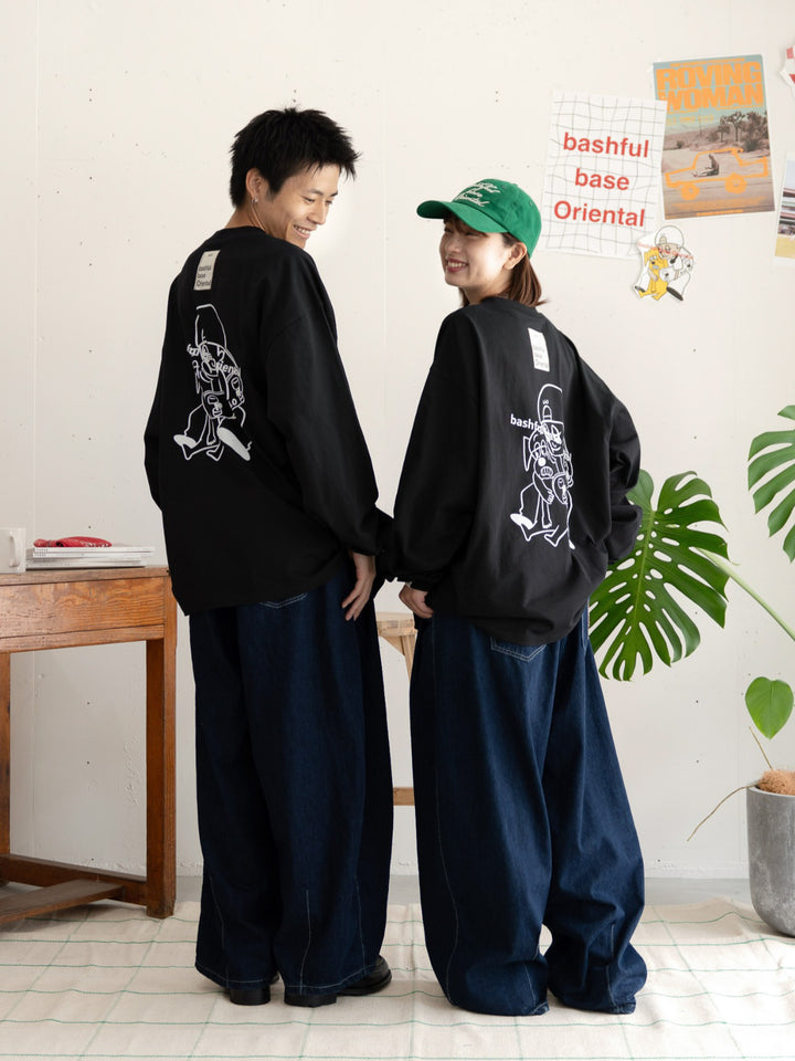 【bbO】オーバーサイズバッシュフルくんロンTx【bbO】イージーコクーンワイドデニムパンツ（2枚組み）