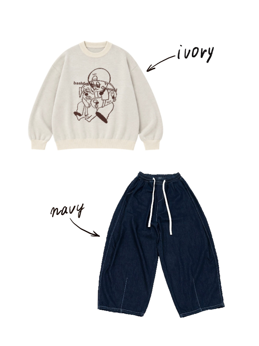【bbO】バッシュフルくんニットプルオーバーx【bbO】イージーコクーンワイドデニムパンツ（2枚組み）