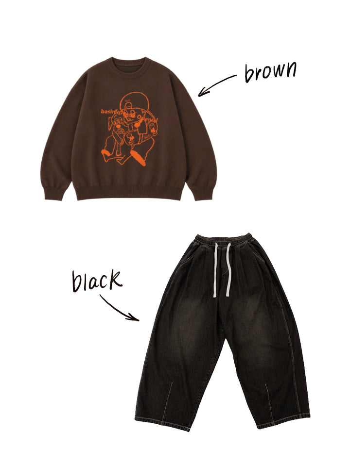 【bbO】バッシュフルくんニットプルオーバーx【bbO】イージーコクーンワイドデニムパンツ（2枚組み）