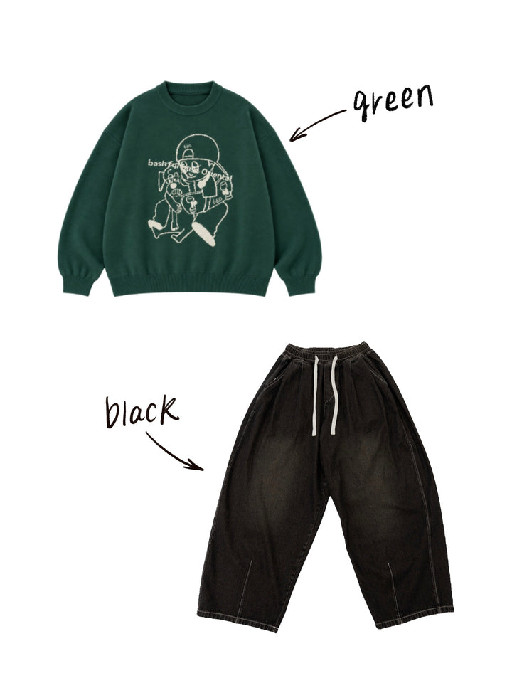【bbO】バッシュフルくんニットプルオーバーx【bbO】イージーコクーンワイドデニムパンツ（2枚組み）