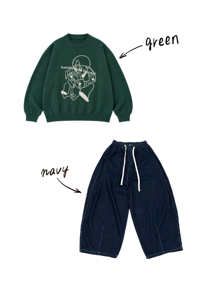 【bbO】バッシュフルくんニットプルオーバーx【bbO】イージーコクーンワイドデニムパンツ（2枚組み）